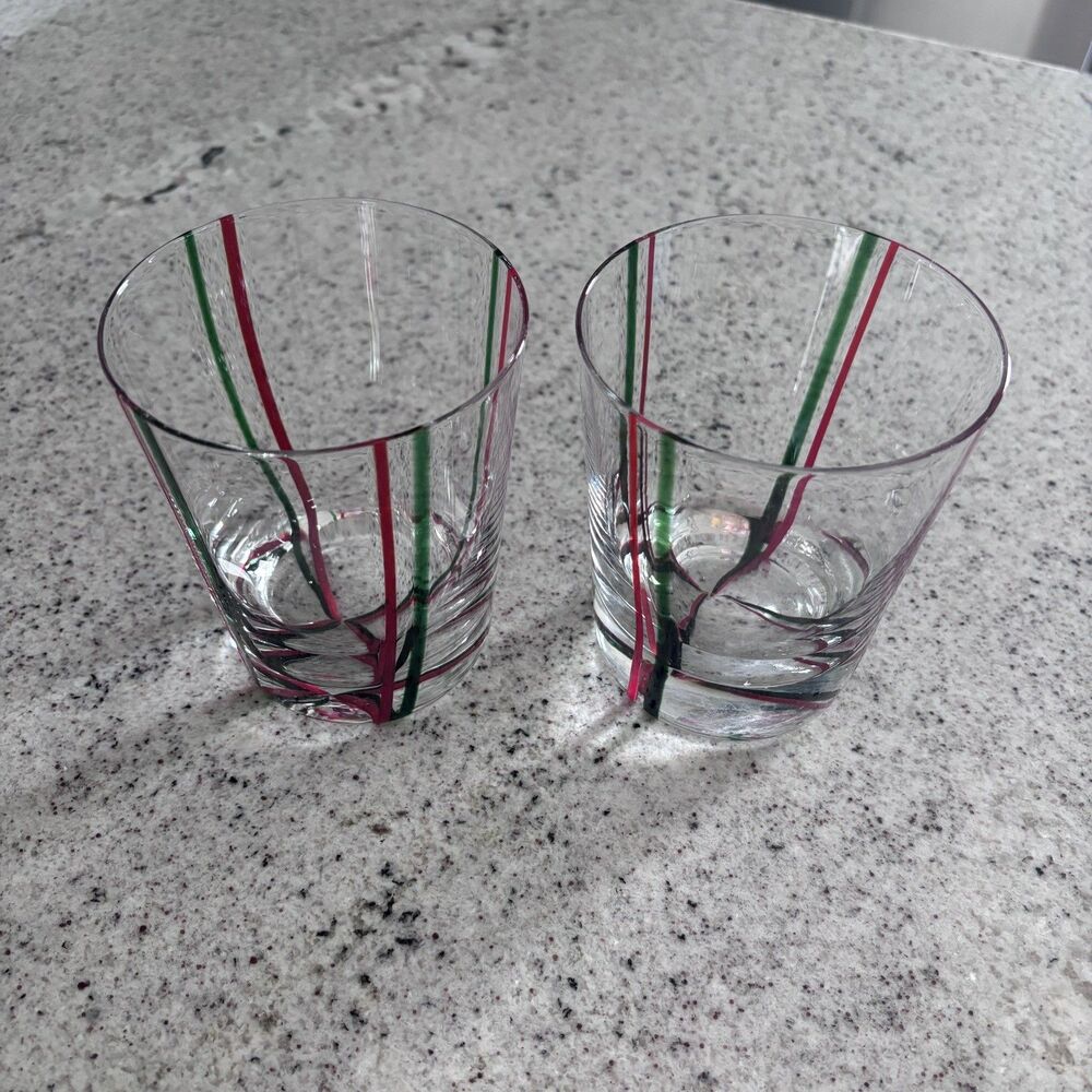 2 Vtg Block Yuletide Hand Blown Old-Fashioned Red/Green Holiday Christmas Rare